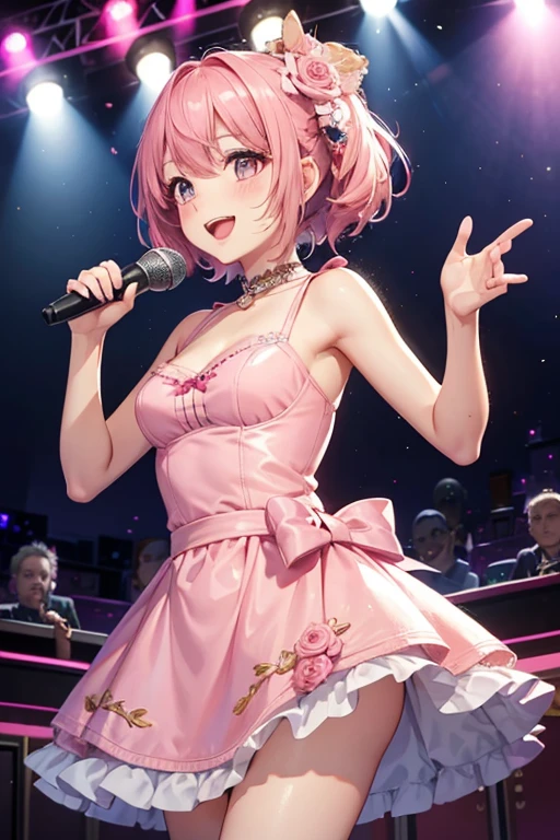 1girl,solo,cute,smile,pink hair and medium hair,dress up,make up,she holding a microphone,she sing a song,jazz bar,on the stage,