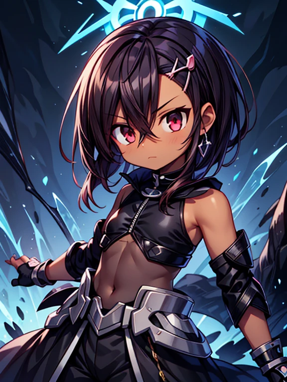 Magical girl lyrical nanoha armour, Masterpiece High res, high definition, (((dark skin tone))),dark skin male, dark skin, cute shota,red eyes, black hairpin, brown hair, medium dark brown hair,wearing a black exoskeleton, detached sleeves, black armoured Gauntlets, black tech jacket, black bodysuit,black exoskeleton, black fingerless gloves, blue gems,