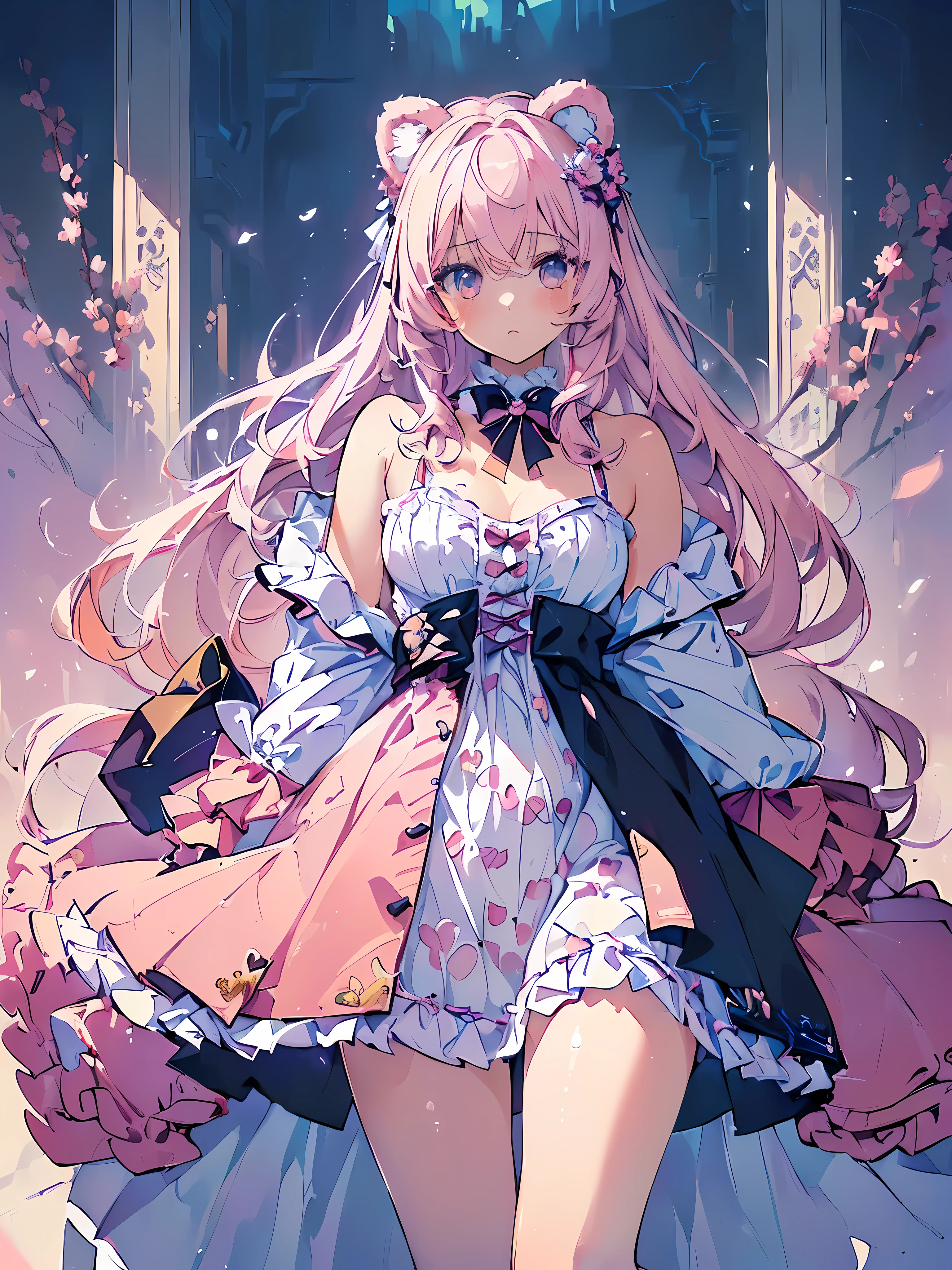 (masterpiece, highest quality, highest quality, official art, beautiful and aesthetic,1 girl,:1.5), (Maximum softness:1.2),(cute illustration:1.5),(1 girl: 1.3), Viewers are watching, (pink long hair),(pink bear ears),pink long hair,high quality, ((simple background)),