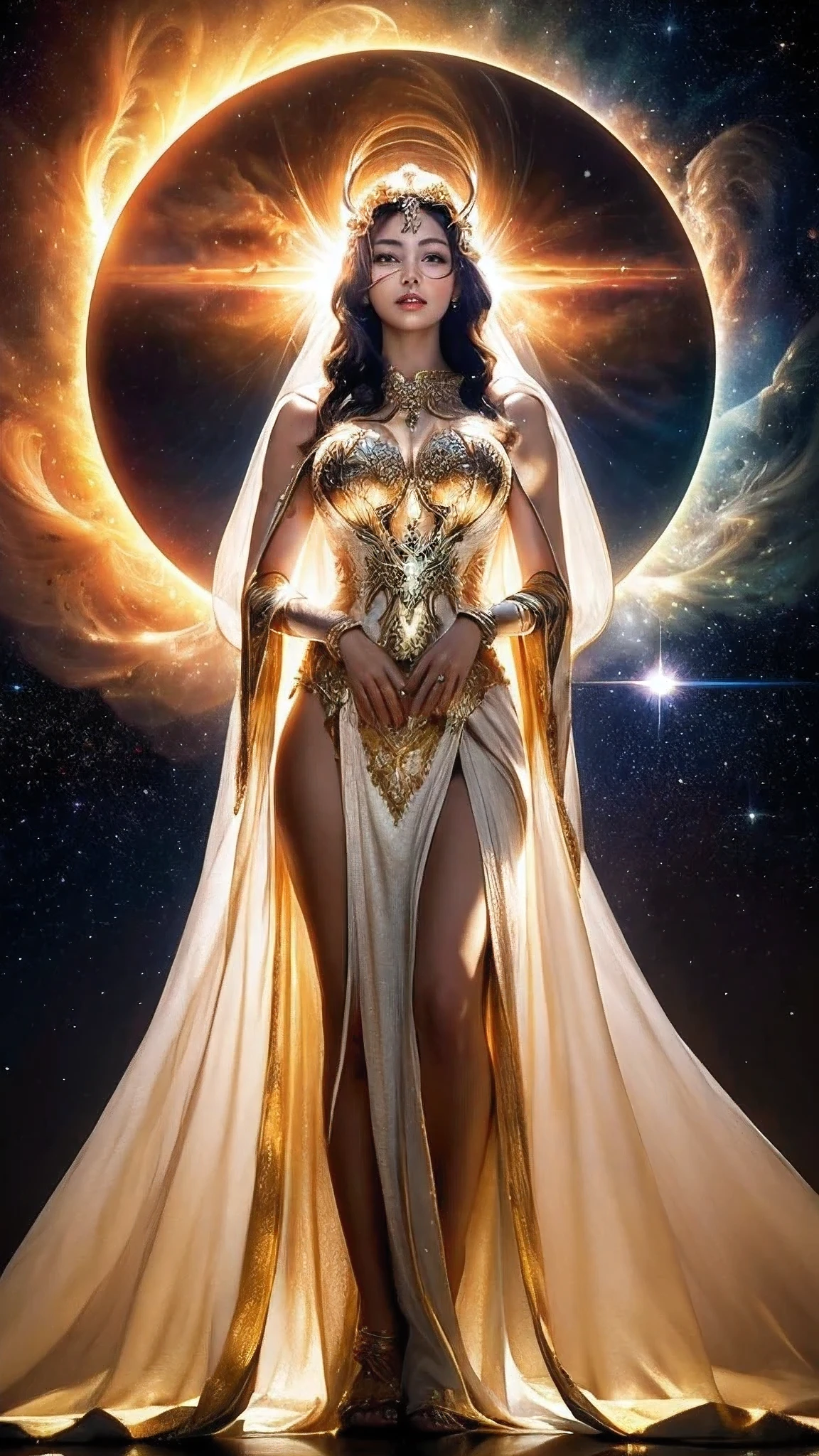 masterpiece, best quality, ultra detailed, realistic, alone, stunningly beautiful woman, full body shot, gorgeous intricately detailed dress,  golden ornaments, white cloak, Greek Mythology, fantasy, legendary existence, mythical world, meditation, symmetrical, divine halo, magic circle, solar eclipse, Nebula