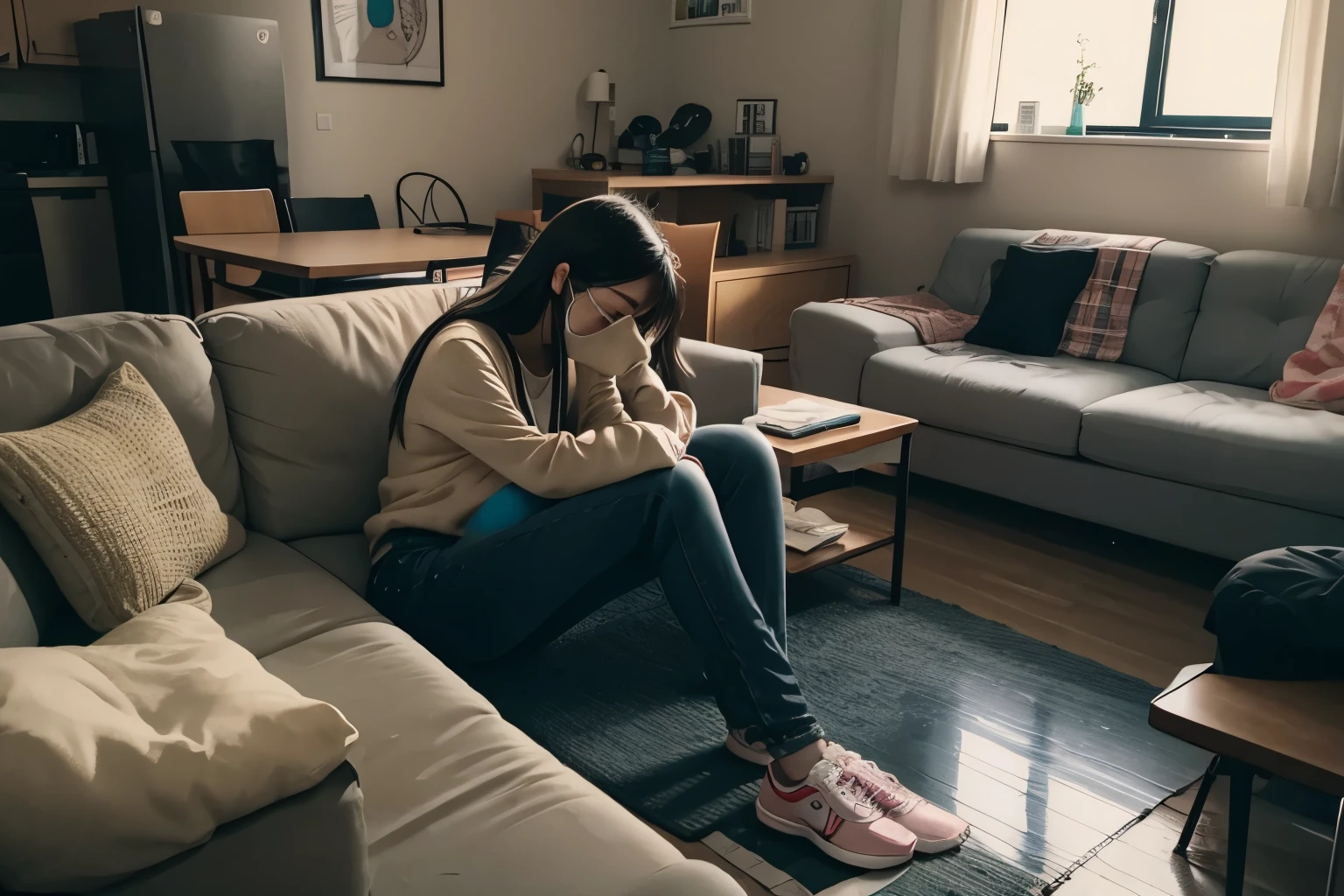1 female college student, narrow living room, loneliness, desolation, Crying