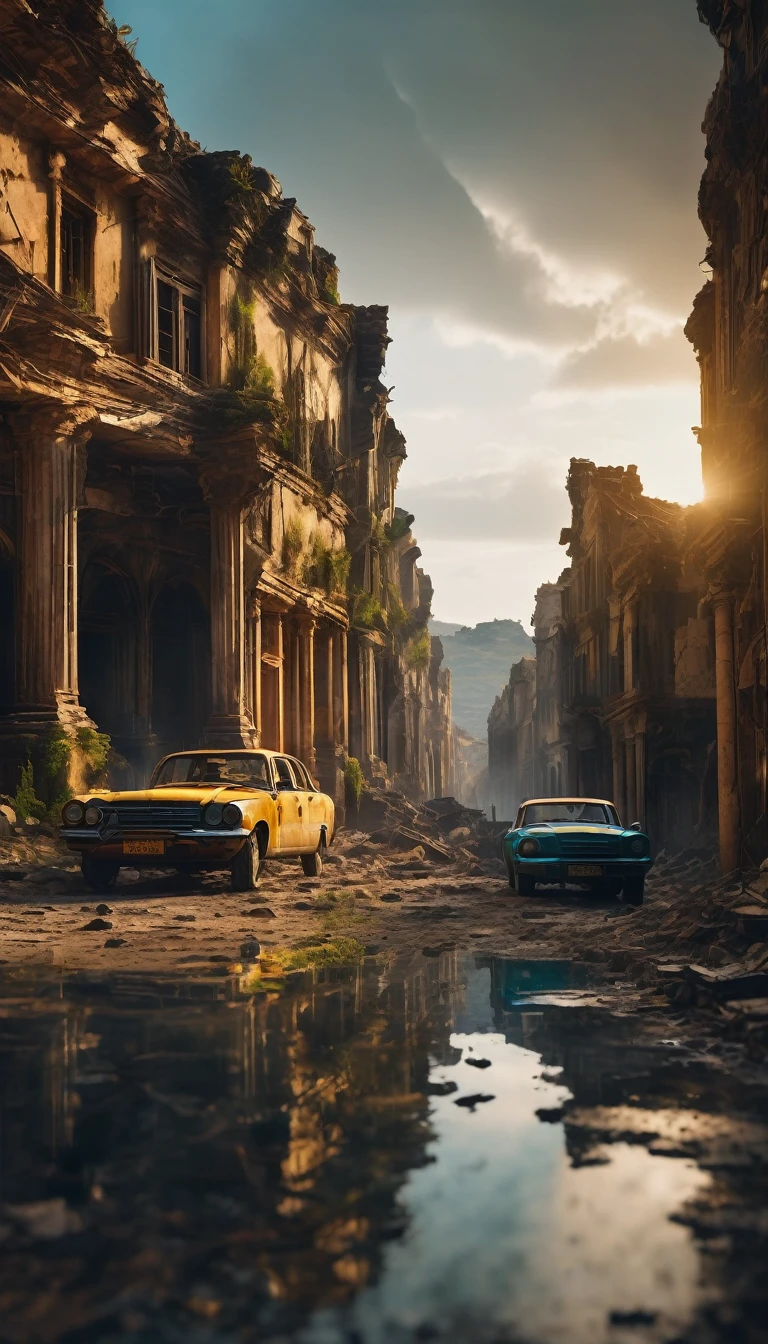 Devastated landscapes and ruined cities after the war, background cinematic, hyper realistic, ultra detailed hyper realistic, photorealistic, Studio Lighting, reflections, dynamic pose, Cinematic, historical accuracy, Color Grading, Photography, Shot on 50mm lens, Ultra-Wide Angle, Depth of Field, hyper-detailed, beautifully color, 8k