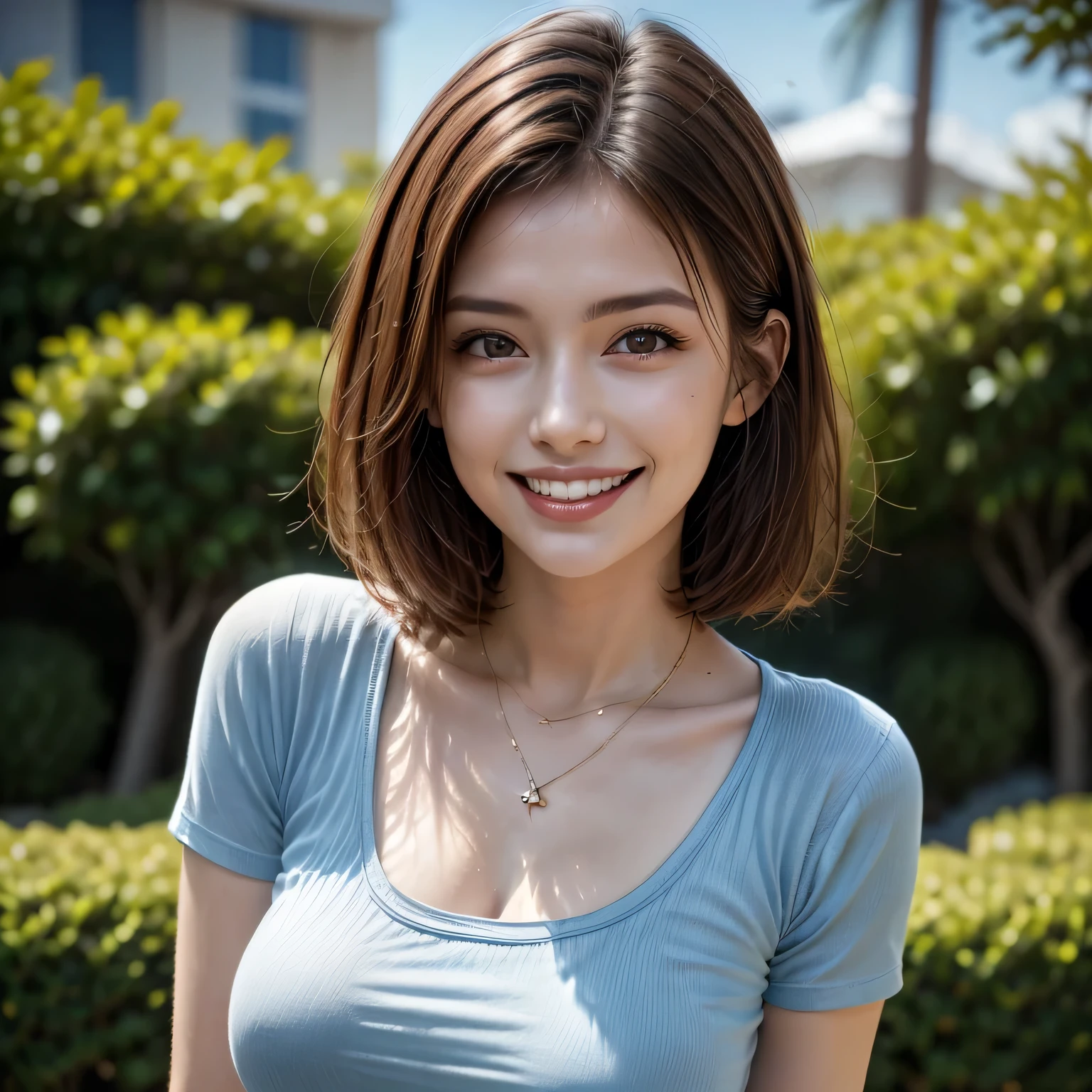 (8k, RAW Photos, highest quality, masterpiece, Realistic, Realistic), (1 female), (Ultimate beauty), Highly detailed face, (Perfect Teeth), Beautiful Eyes, double eyelid, eyelash, smile, Lip details, Brunette Bob, The light shines on your face, Big Breasts, ((T-Shirts)), (Upper Body), (background: garden), ((Written boundary depth))