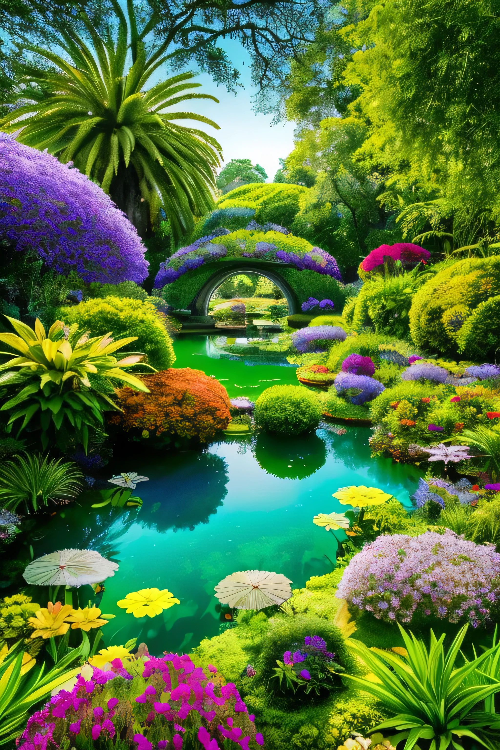 title: "Enchanted Gardens of Hidden Wonders"
The heart of a mysterious and fascinating world, High resolution, Displaying vivid 8K 3D images, Taking viewers on a journey of discovery and wonder. An interesting configuration, The scene is full of beautiful and vibrant colors.., Shining exotic flower々from、With the shimmering hues of a captivating lake at its centre..
The ground beneath our feet is a rich tapestry of emerald-green grass, Attractive plants dotted around,