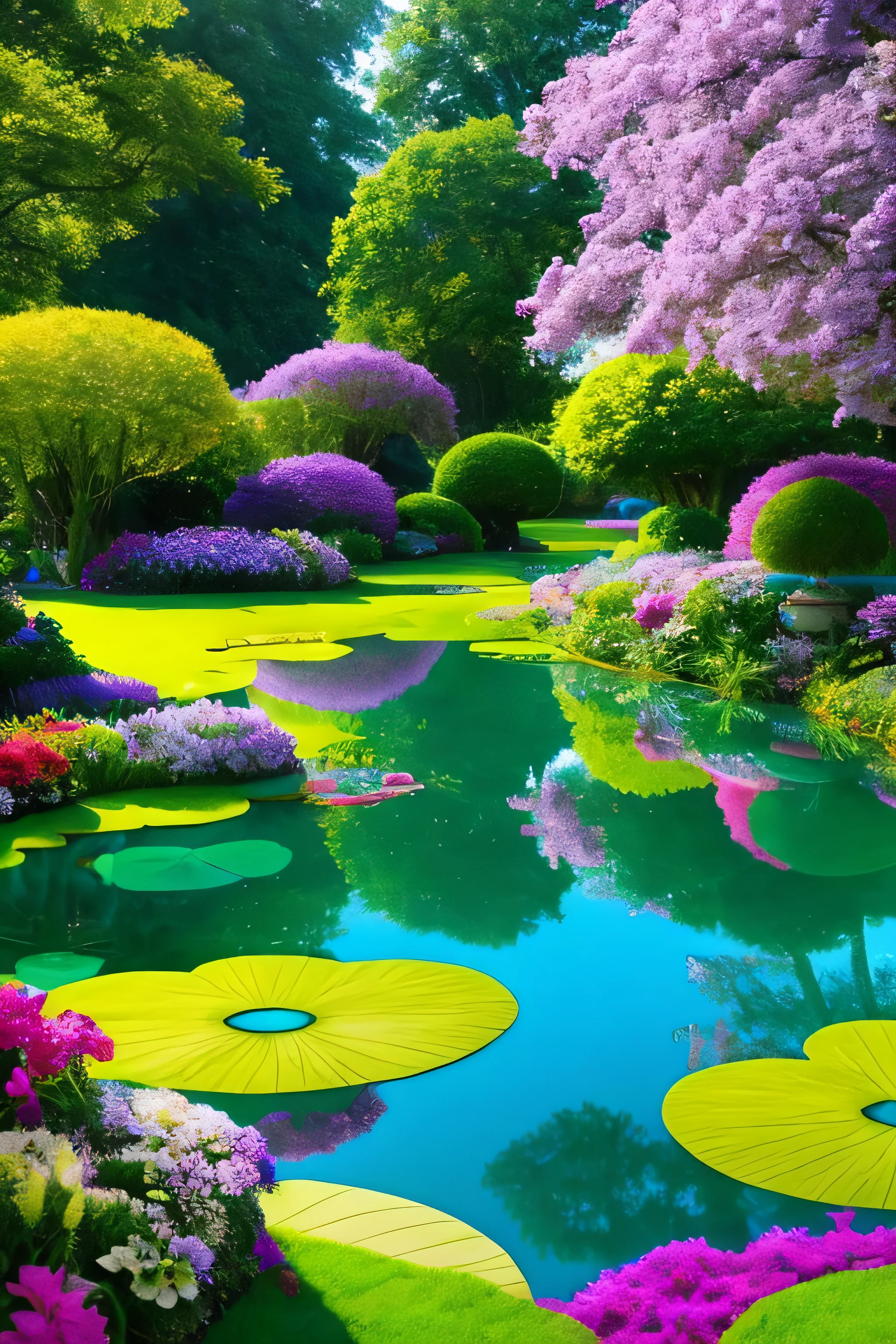 title: "Enchanted Gardens of Hidden Wonders"
The heart of a mysterious and fascinating world, High resolution, Displaying vivid 8K 3D images, Taking viewers on a journey of discovery and wonder. An interesting configuration, The scene is full of beautiful and vibrant colors.., Shining exotic flower々from、With the shimmering hues of a captivating lake at its centre..
The ground beneath our feet is a rich tapestry of emerald-green grass, Attractive plants dotted around,