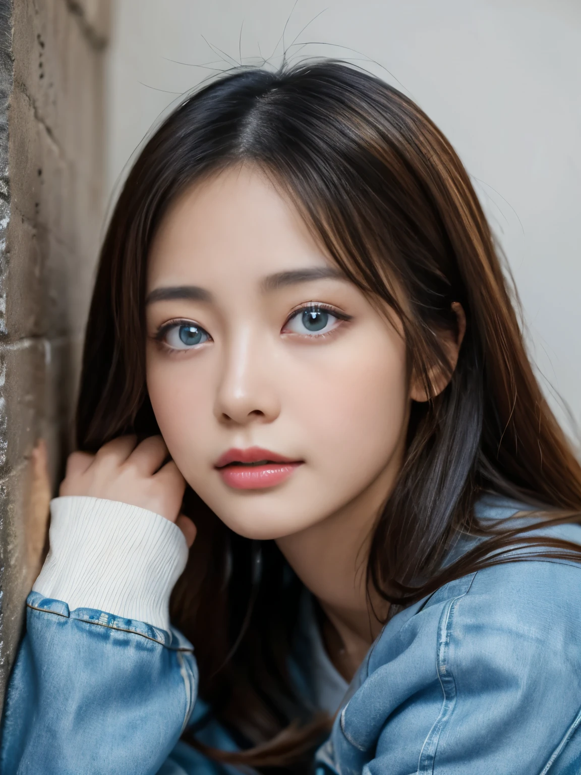 masterpiece,highest quality,Highest Resolution:1.2,Hyperrealistic:1.5,16k raw photos:1.5、Asian woman in a blue jacket leaning against a wall,Face close-up,Side light、Silky, fine hair,Big eyes,Clear amber eyes,Eye highlights、Shiny fair skin、