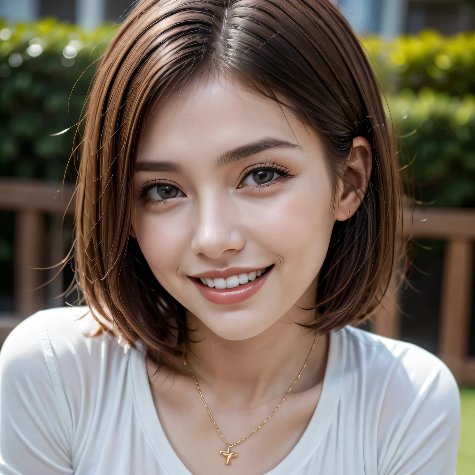 (8k, RAW Photos, highest quality, masterpiece, Realistic, Realistic), (1 female), (Ultimate beauty), Highly detailed face, (Perfect Teeth), Beautiful Eyes, double eyelid, eyelash, smile, Lip details, Brunette Bob, The light shines on your face, Big Breasts, ((T-Shirts)), (Upper Body), (background: garden), ((Written boundary depth))