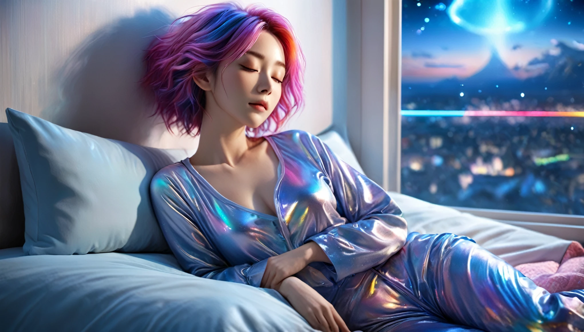 (best quality,8k,ultra-detailed:1.2),(CG,CG art,3D rendering),(masterpiece:1.2),（blue pajamas），(movie lighting,futuristic),(woman lying in bed,sleeping,closed eyes),(large window behind her,tranquil night),(colorful hair:1.5)