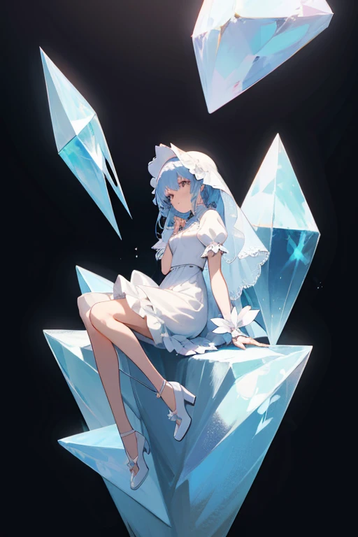 A cute anime girl sitting on top of an angular geometric shape, wearing a white dress with frills and a veil. A full body shot with beautiful crystal clear light shining through the character's hair. High resolution and ultra detailed in the anime style with soft lighting against a black background. Concept art in the style of cute anime.