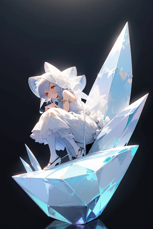 A cute anime girl sitting on top of an angular geometric shape, wearing a white dress with frills and a veil. A full body shot with beautiful crystal clear light shining through the character's hair. High resolution and ultra detailed in the anime style with soft lighting against a black background. Concept art in the style of cute anime.