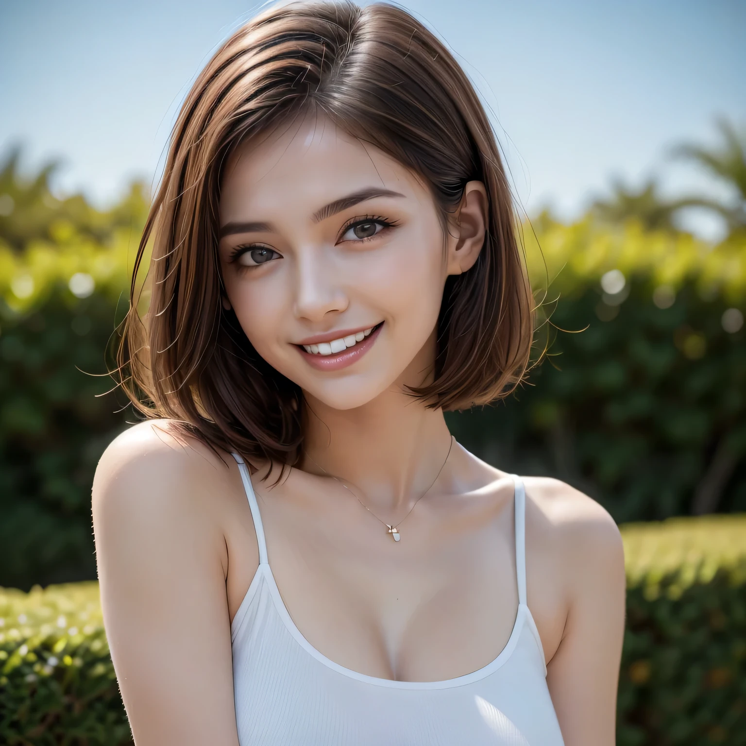 (8k, RAW Photos, highest quality, masterpiece, Realistic, Realistic), (1 female), (Ultimate beauty), Highly detailed face, (Perfect Teeth), Beautiful Eyes, double eyelid, eyelash, smile, Lip details, Brunette Bob, The light shines on your face, Big Breasts, ((T-Shirts)), (Upper Body), (background: garden), ((Written boundary depth))