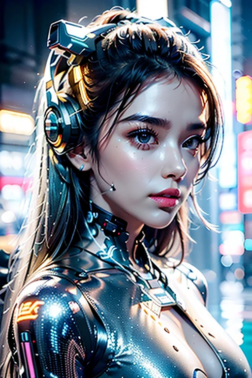 best quality,Masterpiece,very high,only,1 Girl in Bikini Cyber Robot Metal,Neon Reflex,Translucent and shiny metallic pattern,,(Translucent magnetic line:1.2),(Gray silver gold and shimmering light effects.:1.2),