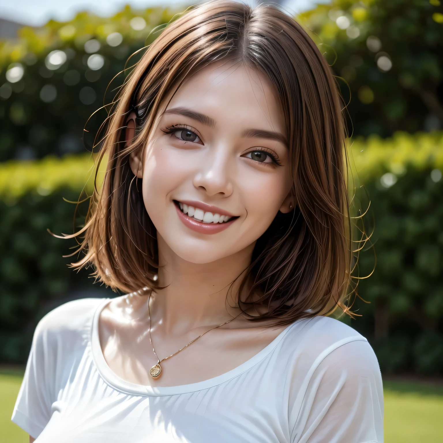 (8k, RAW Photos, highest quality, masterpiece, Realistic, Realistic), (1 female), (Ultimate beauty), Highly detailed face, (Perfect Teeth), Beautiful Eyes, double eyelid, eyelash, smile, Lip details, Brunette Bob, The light shines on your face, Big Breasts, ((T-Shirts)), (Upper Body), (background: garden), ((Written boundary depth))