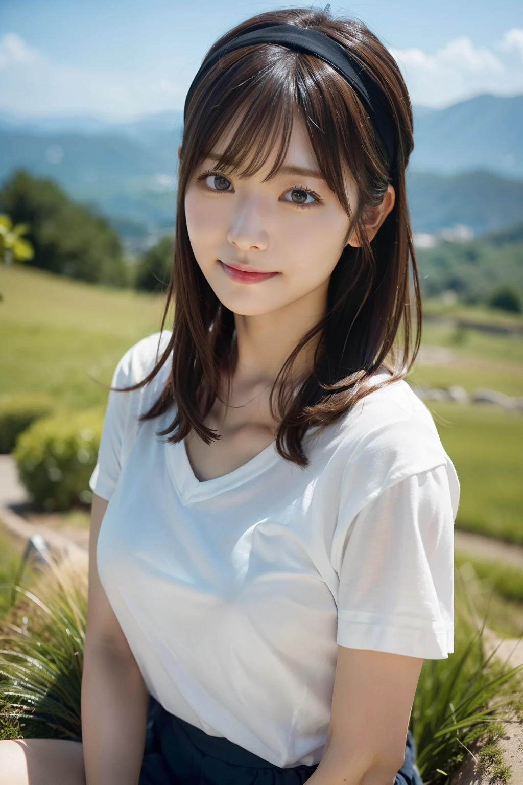 In 8K,highest quality:1.4, 超A high resolution:1.5, (Realistic:1.4),masterpiece:1.2,(highest quality:1.4)、 RAW Photos、(The background is blurred), On top of a hill with a great view:1.4、blue sky、grass、Full Body Shot:1.8、 1 Japanese girl, cute, (alone), (A shy smile), Smooth skin、(Age 35:1.2)、Tshirt、stand、Check mini skirt、cute mini skirt、Beautiful feet、Thin legs、 (Brown medium hair,bangs), (Touching your hair:1.4)、Nogizaka、cute、Flexible fingertips,Beautiful dark eyes、Natural skin texture:1.3, Realistic eye and facial details:1.7、Mid-breasted、Staring at the audience、gravure、Low angle、Headband、Scenic