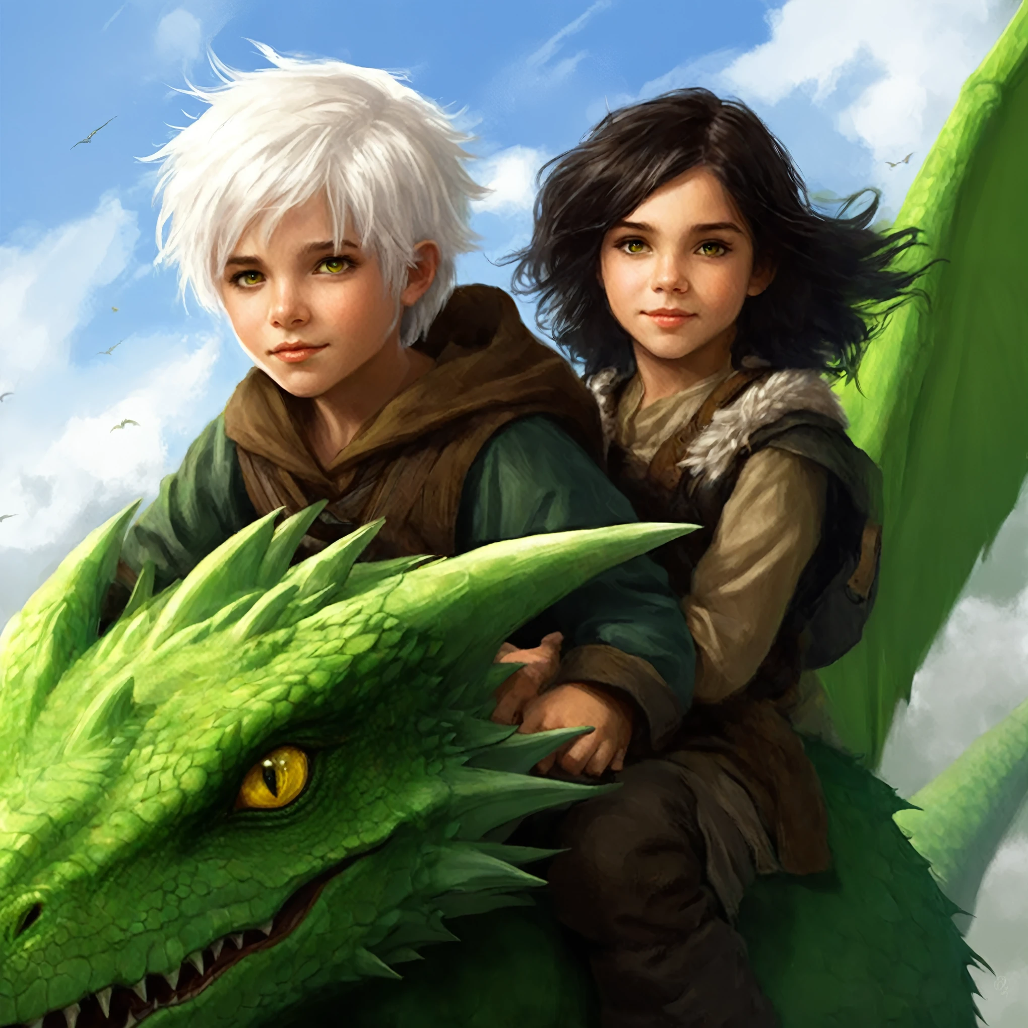realizm, 8 years, a boy with white hair, green eyes and a girl with yellow eyes, with dark hair, children flying on the back of a green dragon, book portrait in the RPG genre, portrait from "Dungeons and Dragons", fantasy portrait, fantasy book illustration, graphic artist Magali Villeneuve, author's portrait in faces, concept art fantasy portrait, realistic fantasy illustration, portrait, epic role portrait, bottom portrait, role portrait.