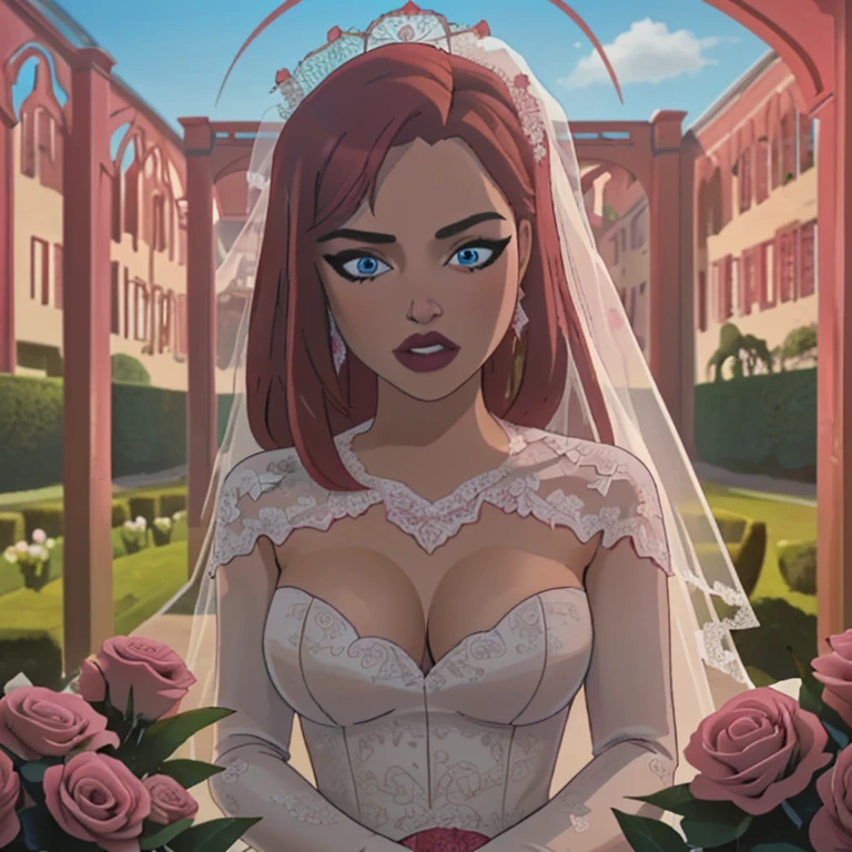 Wedding day, dreamy garden of pink flowers, bride red hair, heavy makeup, eyelashes, red lipstick, crystal blue eyes, high detail wedding dress, sexy breasts, pink damask roses garden background, sunny day, amazing sky, waiting for the groom 