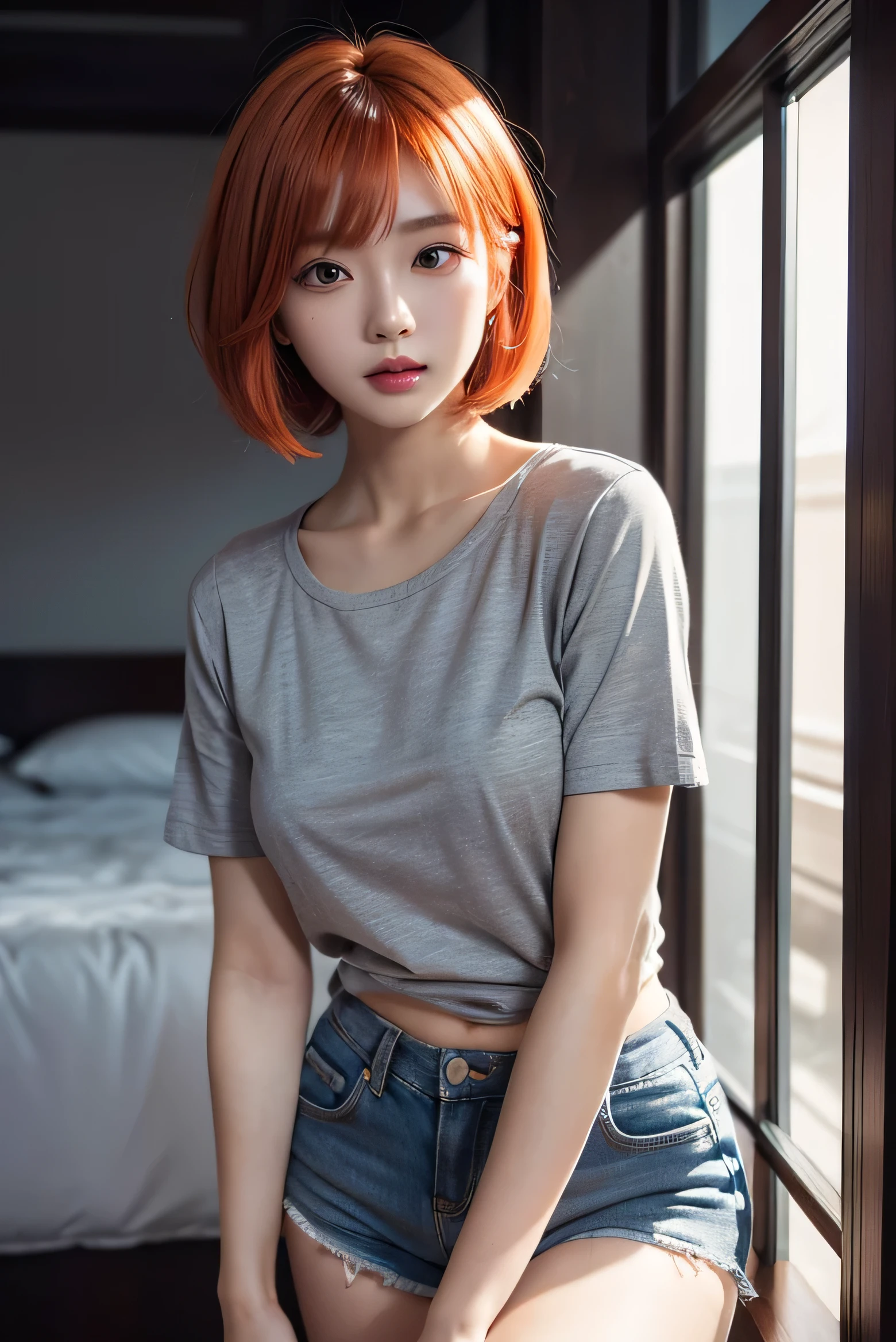 1 girl, Korean young woman, solo, looking at viewer, slightly open lips, beautiful face, (short bob hairstyle), (bright orange hair color), (bright gray eyes), slim youthful body, well-endowed chest, athletic body, casual clothing, high quality, masterpiece, best quality, highest quality, high-res, realistic, (masterpiece:1,2), perfect lighting, (8k:1.1), professional lighting, fully detailed