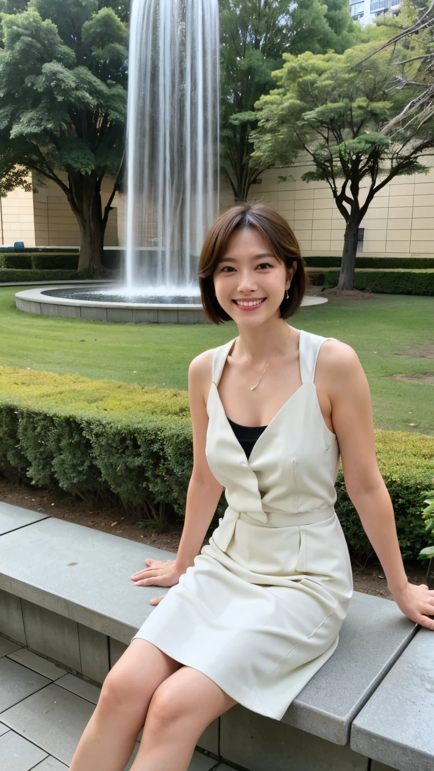 最high quality, In 8K, Masseter region, Vibrant, Sharp focus, high quality, High resolution, Detailed face, fine grain, Thick lips, (Looking at the audience), alone, Beautiful woman, 38 years old, Japanese women, （Short black hair:1.4）、（Bob Hair:1.4）, Cleavage, Lunch break、Large city park、Green Grass、In front of a big fountain、（sitting on a park bench:1.3）、（Full body photo:1）、（White Formal Dress:1.5）、（Knee length dresses:1.5）、（Black pumps:1.5）、（Red lipstick:1）、（smile:1.3）、（Standard body type）、（D cup breasts）