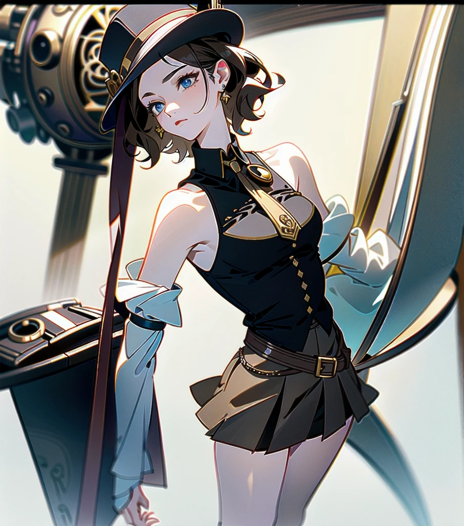 absurdres, RAW photo, extremely delicate and beautiful, masterpiece, Best Quality, ultra high resolution, 32k, hyperrealistic, ultra-detailed, detailed description, pale skin, 20 years old, detailed beautiful face and eyes, tearful mole, earring, Colossal tits, short medium hair, wavy hair, full body shot, alone, steampunk fashion, waistcoat, blouse, hat, boots, short skirt, bare shoulder,