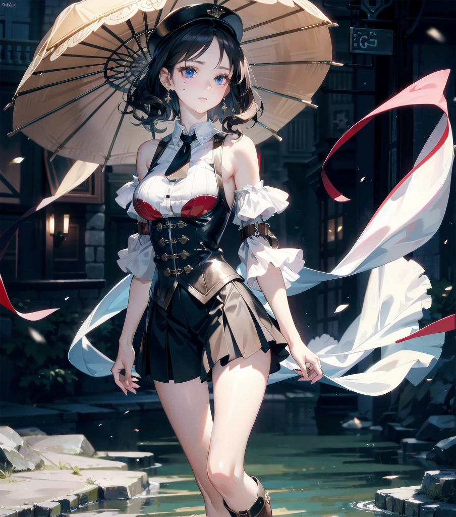 absurdres, RAW photo, extremely delicate and beautiful, masterpiece, Best Quality, ultra high resolution, 32k, hyperrealistic, ultra-detailed, detailed description, pale skin, 20 years old, detailed beautiful face and eyes, tearful mole, earring, Colossal tits, short medium hair, wavy hair, full body shot, alone, steampunk fashion, waistcoat, blouse, hat, boots, short skirt, bare shoulder,
