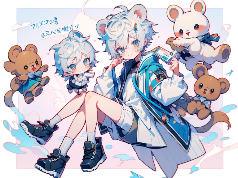 Tabletop, Perfect Face, 最high quality, 最high quality, 1 boy, Male characters, short hair, White skin, Ribbon on neck, Detailed Race, original character, Detailed design, Unique Design, whole body drawing, commission, Employment possibilities, White costume, whole bodyエズビアン, 不気味でcute, Shortsを履いている, Male characters, Anime Shōnen, White Background, Sky Background, whole body, Loose-fitting ruffled shirt, Thin hands, one person、 Bunny ears, Bunny ears, Pure white outfit, Pure white skin, 不自然にWhite skin, White skin color, albino, Shorts, ゆったりとしたShortsを履く, Shota, Fluffy hair, Frill socks, Thin legs, Splash Art, Jump up, Pure white skin, Waist-length hair, Fluffy hair, 4K, hard disk, Perfect photo, Short shorts, Whimsical, cute, Thin legs, Shota Shota stuffed toy、ジャージ Shorts ライトブルージャージ high quality High resolution 生き生きとした cute花 膝当て 傷跡 青いリボン one person 、whole body、Character Design、sneakers、one personの男の子, Shota, White Teddy Bear, Jersey, Shorts, light blue Jersey, Gray Hair, blue eyes, high quality, High resolution, Bear Keychain, white and light blue shoes