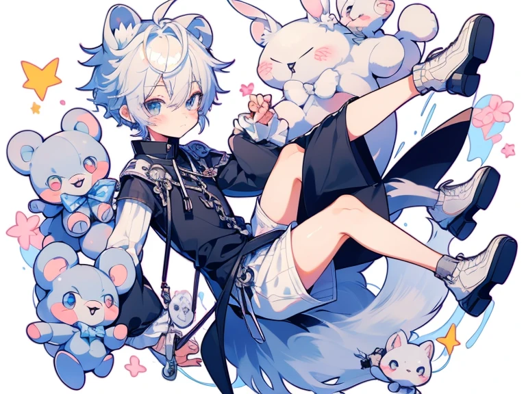 Tabletop, Perfect Face, 最high quality, 最high quality, 1 boy, Male characters, short hair, White skin, Ribbon on neck, Detailed Race, original character, Detailed design, Unique Design, whole body drawing, commission, Employment possibilities, White costume, whole bodyエズビアン, 不気味でcute, Shortsを履いている, Male characters, Anime Shōnen, White Background, Sky Background, whole body, Loose-fitting ruffled shirt, Thin hands, one person、 Bunny ears, Bunny ears, Pure white outfit, Pure white skin, 不自然にWhite skin, White skin color, albino, Shorts, ゆったりとしたShortsを履く, Shota, Fluffy hair, Frill socks, Thin legs, Splash Art, Jump up, Pure white skin, Waist-length hair, Fluffy hair, 4K, hard disk, Perfect photo, Short shorts, Whimsical, cute, Thin legs, Shota Shota stuffed toy、ジャージ Shorts ライトブルージャージ high quality High resolution 生き生きとした cute花 膝当て 傷跡 青いリボン one person 、whole body、Character Design、sneakers、one personの男の子, Shota, White Teddy Bear, Jersey, Shorts, light blue Jersey, Gray Hair, blue eyes, high quality, High resolution, Bear Keychain, white and light blue shoes