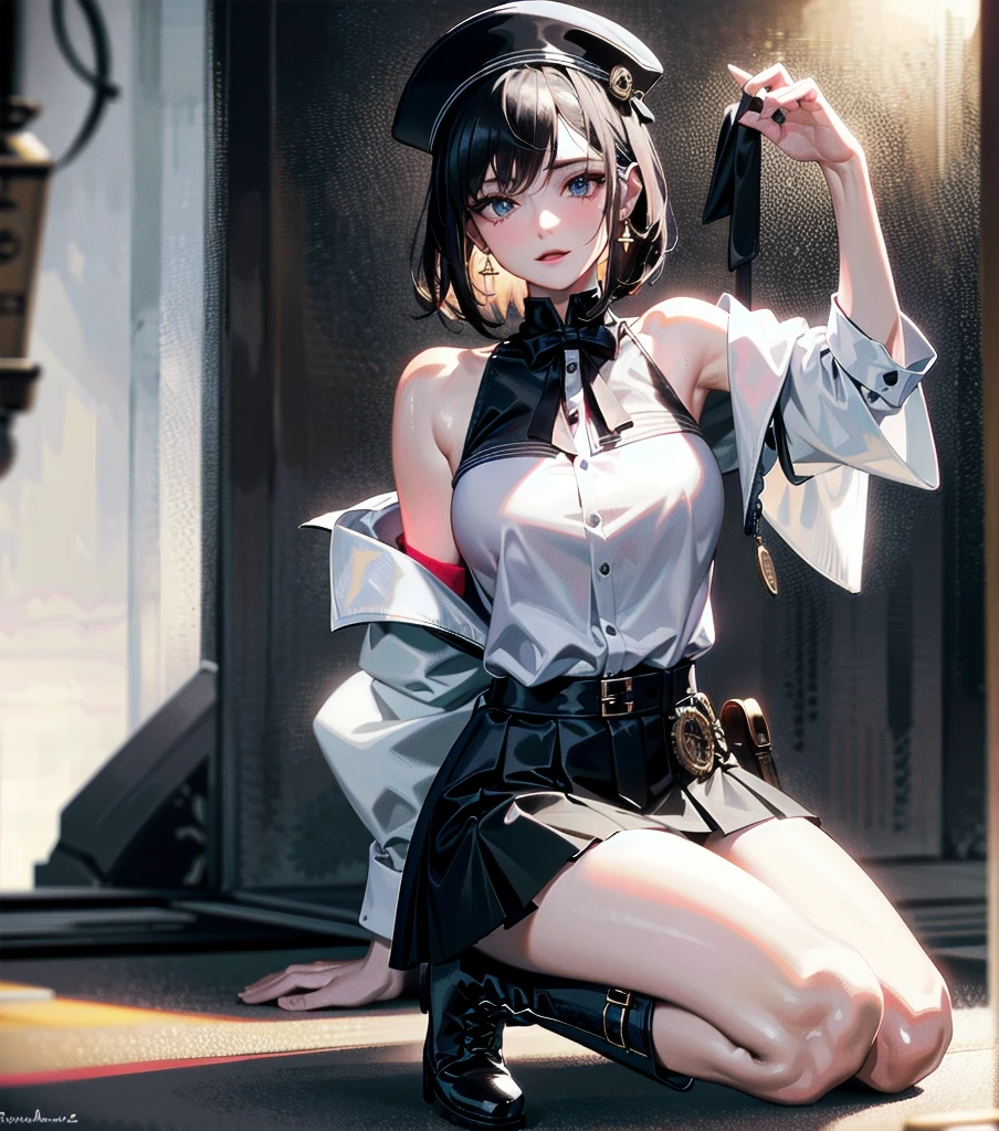 absurdres, RAW photo, extremely delicate and beautiful, masterpiece, Best Quality, ultra high resolution, 32k, hyperrealistic, ultra-detailed, detailed description, pale skin, 20 years old, detailed beautiful face and eyes, tearful mole, earring, Colossal tits, short medium hair, wavy hair, full body shot, alone, steampunk fashion, waistcoat, blouse, hat, boots, short skirt, bare shoulder,
