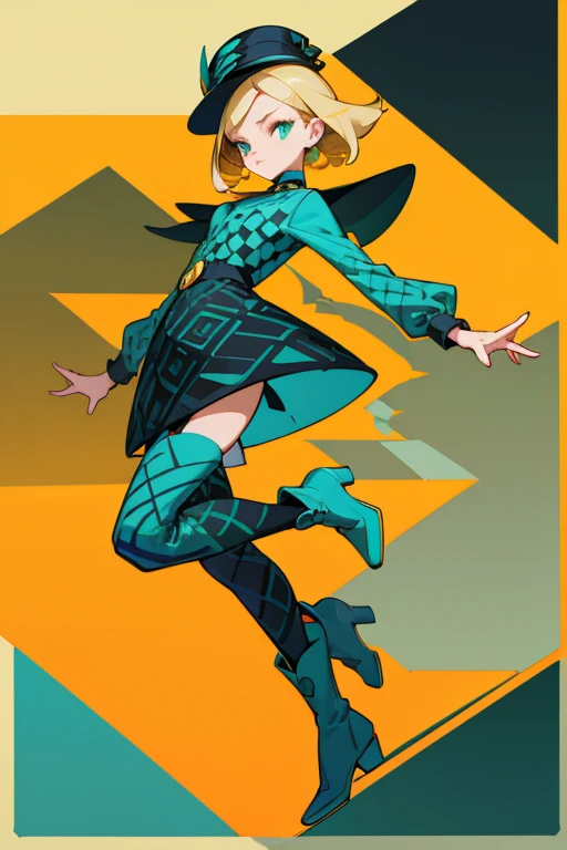 ashion illustration, blonde supermodel wearing boots and hat walking on the street, bold colors, flat design, vector art, pop culture, patterned fabric, geometric shapes in background, yellow black blue green palette, in the style of cute anime girl