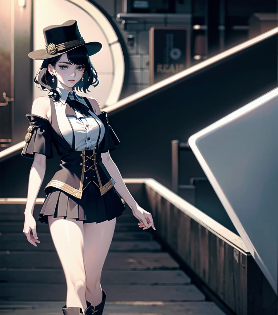 absurdres, RAW photo, extremely delicate and beautiful, masterpiece, Best Quality, ultra high resolution, 32k, hyperrealistic, ultra-detailed, detailed description, pale skin, 20 years old, detailed beautiful face and eyes, tearful mole, earring, Colossal tits, short medium hair, wavy hair, full body shot, alone, steampunk fashion, waistcoat, blouse, hat, boots, short skirt, bare shoulder,