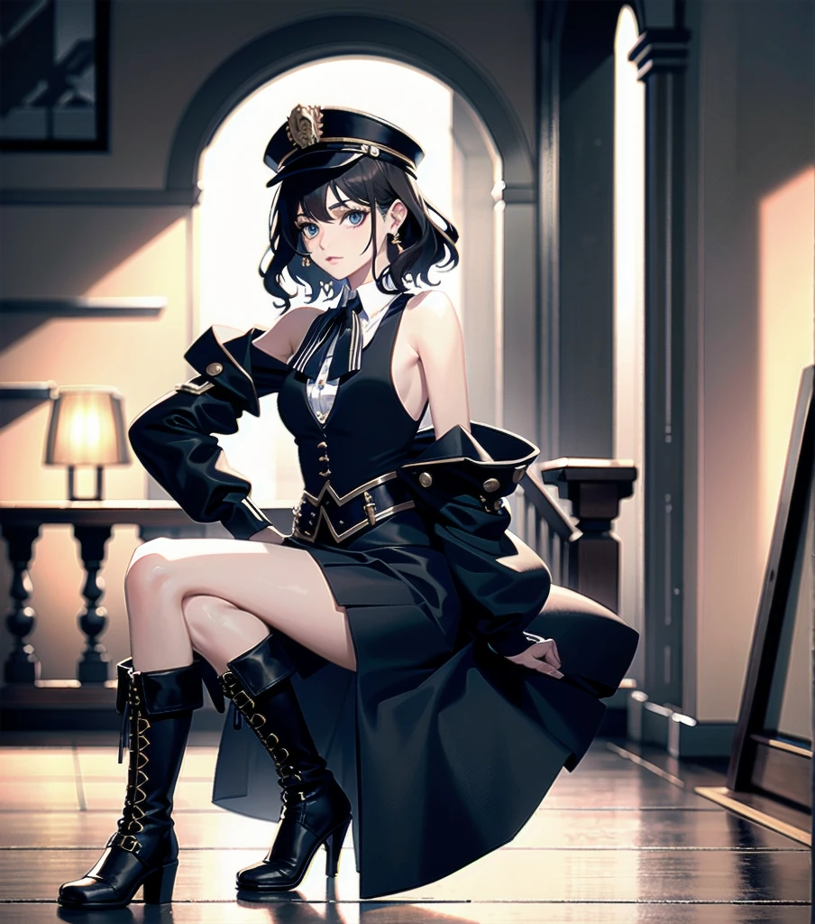absurdres, RAW photo, extremely delicate and beautiful, masterpiece, Best Quality, ultra high resolution, 32k, hyperrealistic, ultra-detailed, detailed description, pale skin, 20 years old, detailed beautiful face and eyes, tearful mole, earring, Colossal tits, short medium hair, wavy hair, full body shot, alone, steampunk fashion, waistcoat, blouse, hat, boots, short skirt, bare shoulder,