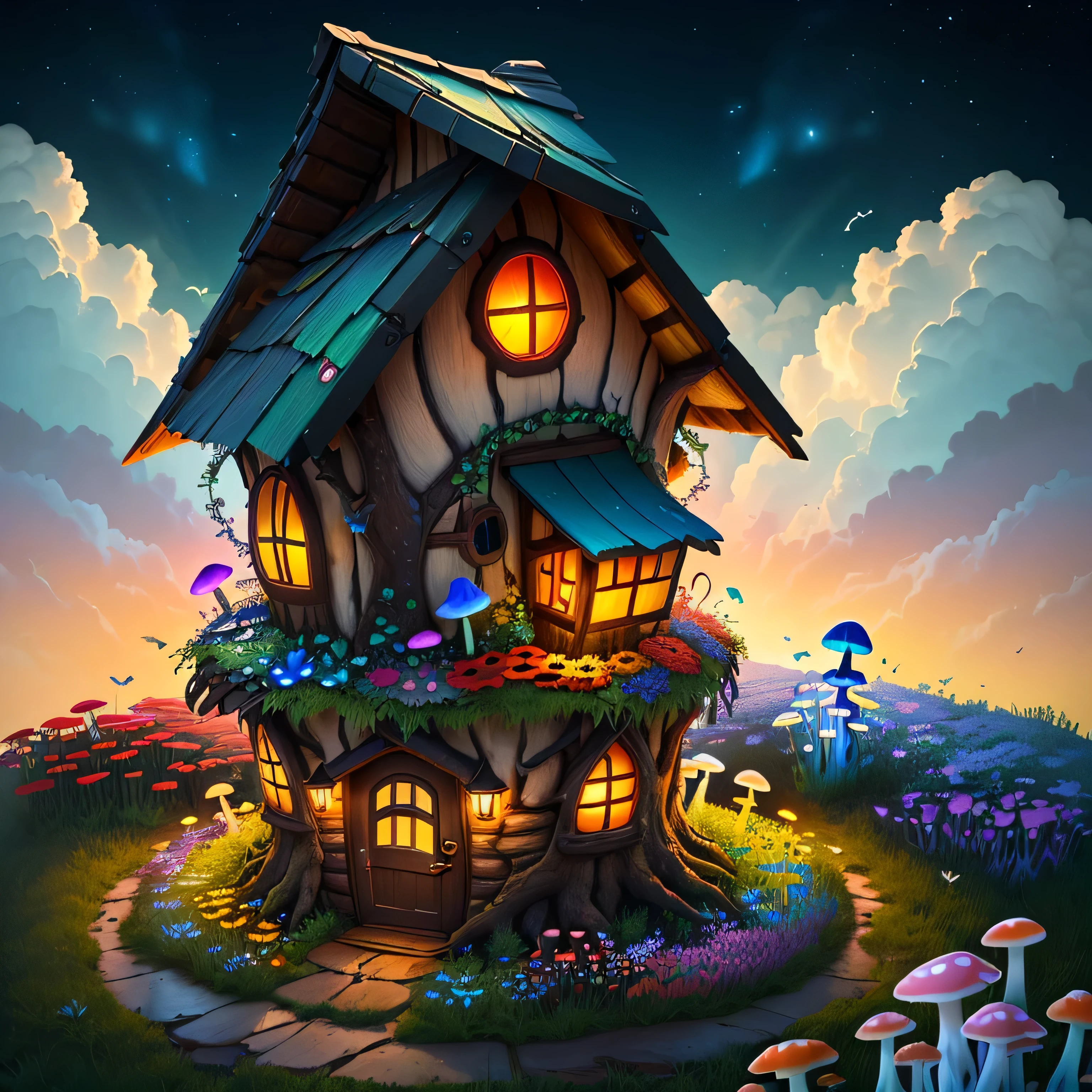 (Swirling clouds and colorful flowers), (Wild Firefly Fantasy Mushroom House), (Midnight), (Unusual), (Mysterious), (that'Ridiculous),thunder、 dream-like, Disney, paint:Thomas Kinkade, Art Station, Sharp focus, Inspiring 8k wallpapers,