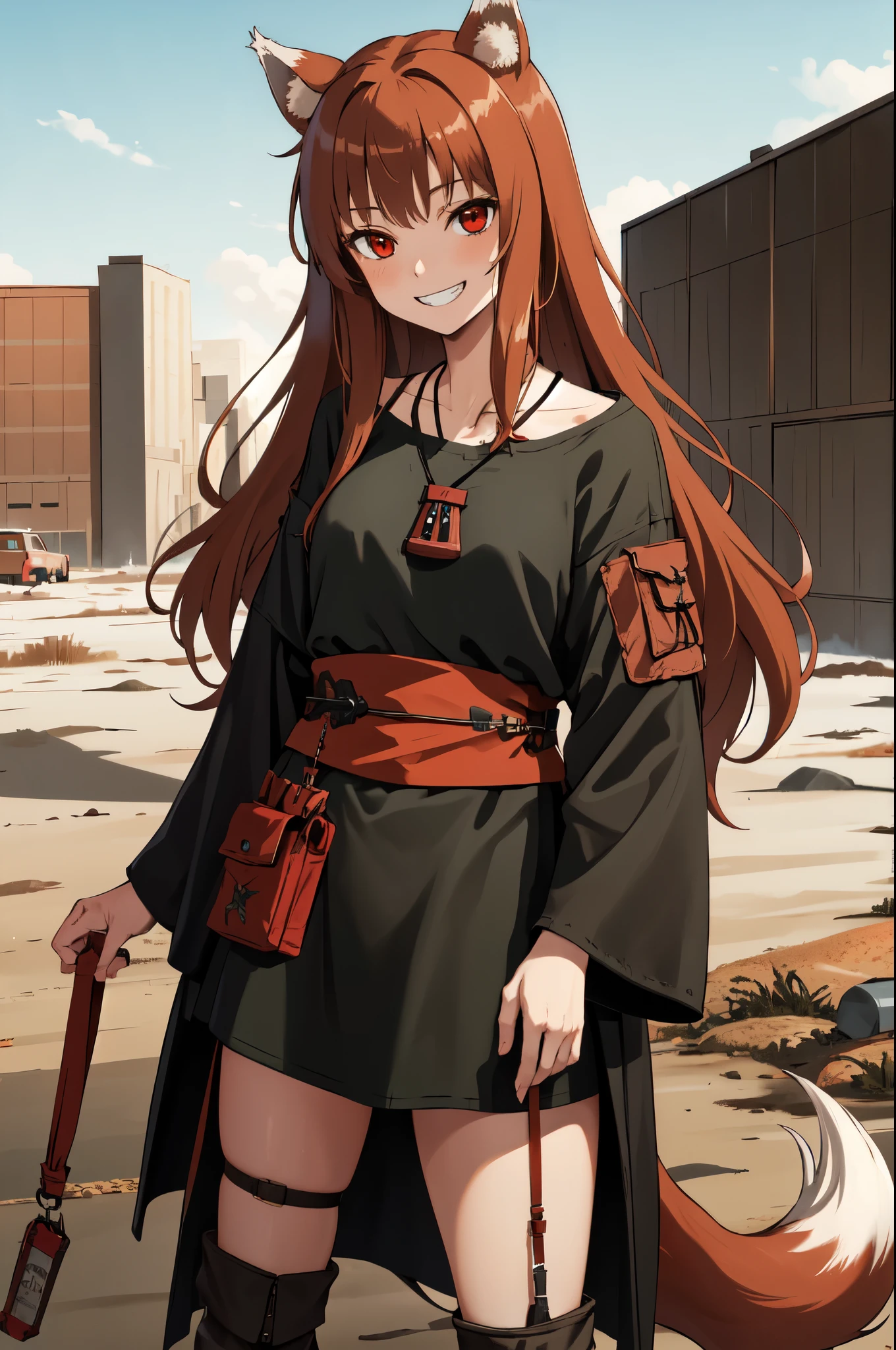 masterpiece, best quality, highres, 1girl, long hair, brown hair, animal ears, red eyes, (wolf tail), (post apocalyptic clothes), necklace, sash, pouch, smile, grin, post apocalyptic landscape, , standing
