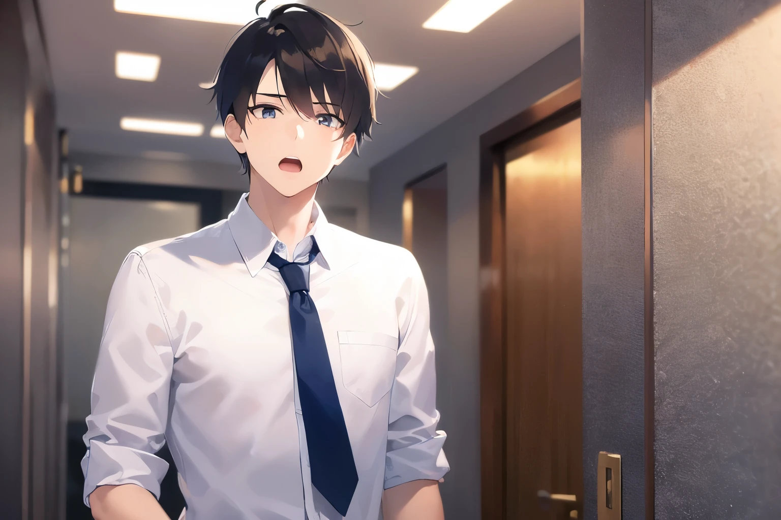 masterpiece、highest quality、(25-year-old male:1.5) and (Black short hair) and (blue eyes), (White collared shirt) and (Blue tie)、Are standing、(surprised:1.2), open mouth, The background is the hotel room、(Alone:1.5)