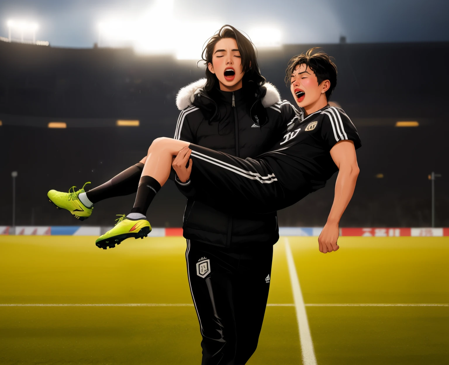 a shouting chinese womanl in a laquered and very shiny quilted coat carries a man, a chinese woman carries a male soccer player, a chinese woman carries a male soccer player in her arms, rainy weather, rainfall, humid, girl carries guy, lift and carry, an excessively madeup chinese woman in a high-shine wet black latex downcoat, a soccer scene, very matte cotton soccer sportswear on a well shaped male body, a soccer injury, first aid carry at a soccer match, a young madeup latino-girl in a shiny black vinyl downjacket, a madeup latino-girl in a shiny plastic-downcoat, a very sad and desperately crying latino-girl, an intensely madeup latino-girl in a glossy black vinyl-downcoat, latino-girl with lipstick, latino-girl with smoky eyes, dramatic action pose, woman that is carrying a skinny shorthaired man, there is a beautiful woman in a shiny coat who is carrying a shorthaired blond man in her arms, a longhaired beautiful woman in a high-shine black puffy coat, a longhaired woman in a shiny downcoat, a woman is carrying a shorthaired man who is wearing black shorts, a weak shorthaired man in black shorts is consciousless and needs to be carried, a shorthaired man with closed eyes is carried in the arms of a longhaired latino-woman, a latino-woman looks very scared and terrified, a consciousless shorthaired man with closed eyes is suffering very much and has a very painful face, photo, photo shoot, photographed, arafed man being carried by a woman, very realistic, very very realistic, hyper-realistic, hyper - realistic, hyper realistic, jacket over bare torso, very disturbing, very hyperrealistic, super realistic, hyperrealistic!, extremely realistic, very very very realistic, super-realistic realistic, super-realistictic!, extremely realistic, very very very realistic, super-realistic realistic, super-realistic