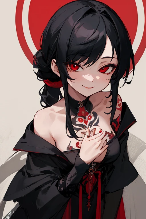 ((highest quality)), ((masterpiece)), (be familiar with),{{{nsfw}}},One female,Black Hair,Red eyes,Black Dress,Chest tattoo, Bewitching Smile,Heel,Black Hair,Hair tied around the neck