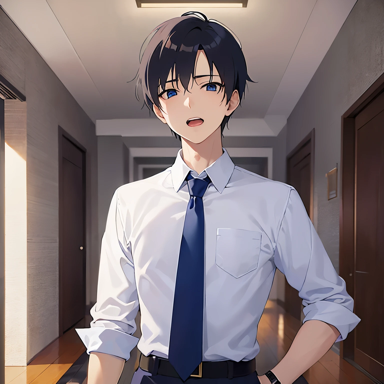 masterpiece、highest quality、(25-year-old male:1.5) and (Black short hair) and (blue eyes), (White collared shirt) and (Blue tie)、Are standing、(surprised:1.2), open mouth, The background is the hotel room、(Alone:1.5)