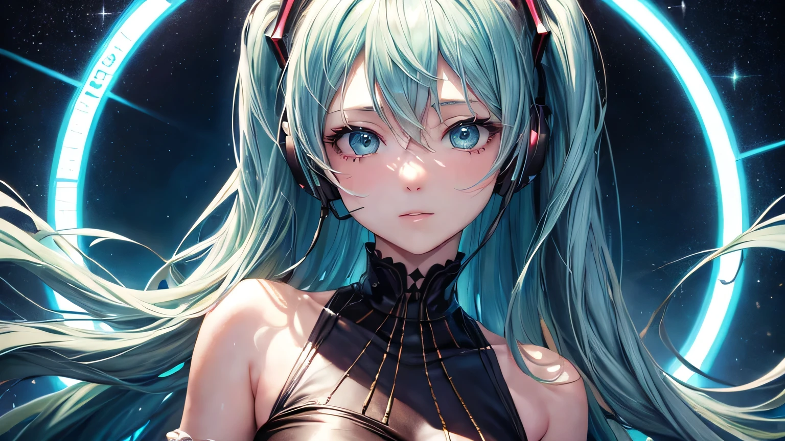 (oil, masterpiece, highest quality, Super detailed, Focus on the characters), Hatsune Miku，Headphones，Detailed facial expression depiction，Detailed hair depiction,([return:0.8]|[ face facing returnwards:1.1]), Super big breasts,([Night starry sky scenario:1.2]|[ ground:1.3]| [High Contrast:1.1])  