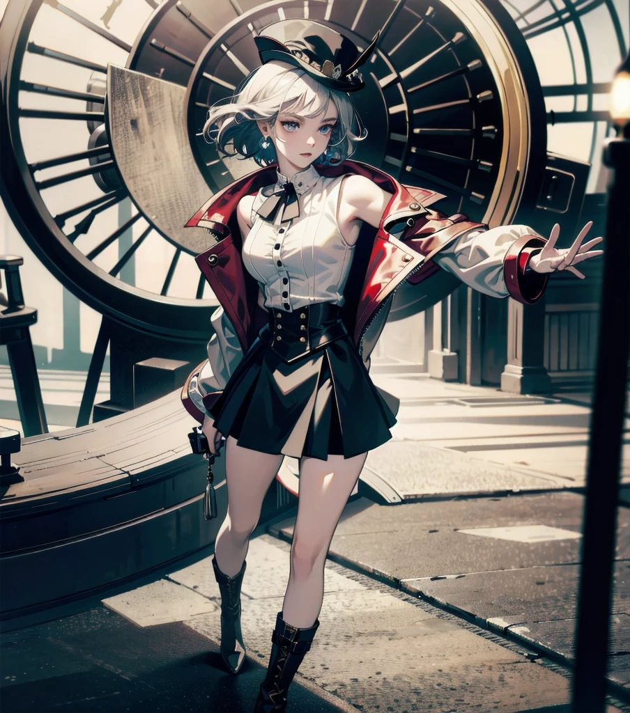 absurdres, RAW photo, extremely delicate and beautiful, masterpiece, Best Quality, ultra high resolution, 32k, hyperrealistic, ultra-detailed, detailed description, pale skin, 20 years old, detailed beautiful face and eyes, tearful mole, earring, Colossal tits, short medium hair, wavy hair, full body shot, alone, steampunk fashion, waistcoat, blouse, hat, boots, short skirt, bare shoulder,