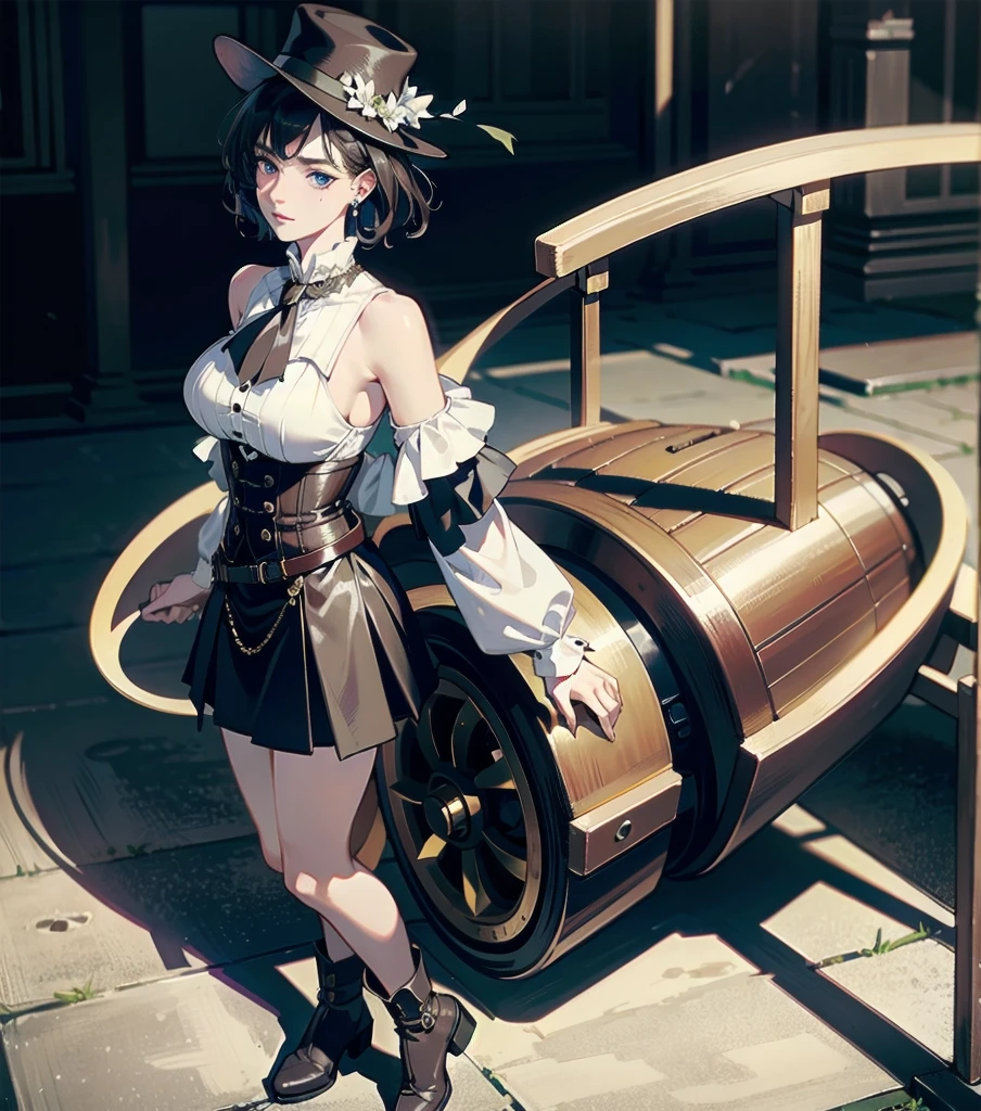 absurdres, RAW photo, extremely delicate and beautiful, masterpiece, Best Quality, ultra high resolution, 32k, hyperrealistic, ultra-detailed, detailed description, pale skin, 20 years old, detailed beautiful face and eyes, tearful mole, earring, Colossal tits, short medium hair, wavy hair, full body shot, alone, steampunk fashion, waistcoat, blouse, hat, boots, short skirt, bare shoulder,