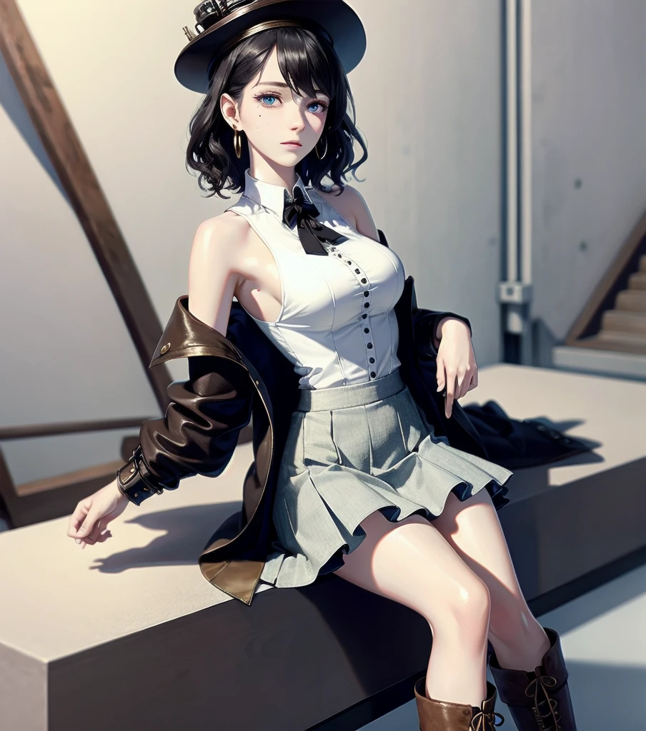 absurdres, RAW photo, extremely delicate and beautiful, masterpiece, Best Quality, ultra high resolution, 32k, hyperrealistic, ultra-detailed, detailed description, pale skin, 20 years old, detailed beautiful face and eyes, tearful mole, earring, Colossal tits, short medium hair, wavy hair, full body shot, alone, steampunk fashion, waistcoat, blouse, hat, boots, short skirt, bare shoulder,