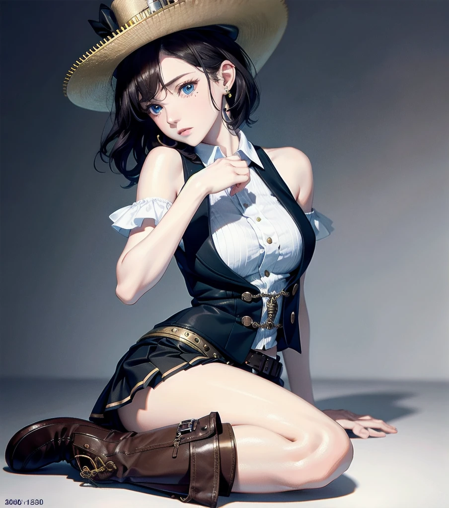 absurdres, RAW photo, extremely delicate and beautiful, masterpiece, Best Quality, ultra high resolution, 32k, hyperrealistic, ultra-detailed, detailed description, pale skin, 20 years old, detailed beautiful face and eyes, tearful mole, earring, Colossal tits, short medium hair, wavy hair, full body shot, alone, steampunk fashion, waistcoat, blouse, hat, boots, short skirt, bare shoulder,