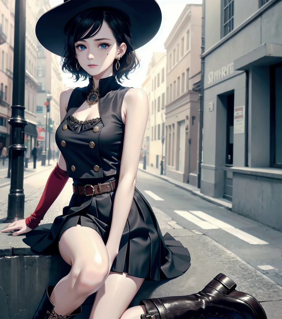 absurdres, RAW photo, extremely delicate and beautiful, masterpiece, Best Quality, ultra high resolution, 32k, hyperrealistic, ultra-detailed, detailed description, pale skin, 20 years old, detailed beautiful face and eyes, tearful mole, earring, Colossal tits, short medium hair, wavy hair, full body shot, alone, steampunk fashion, waistcoat, blouse, hat, boots, short skirt, bare shoulder,