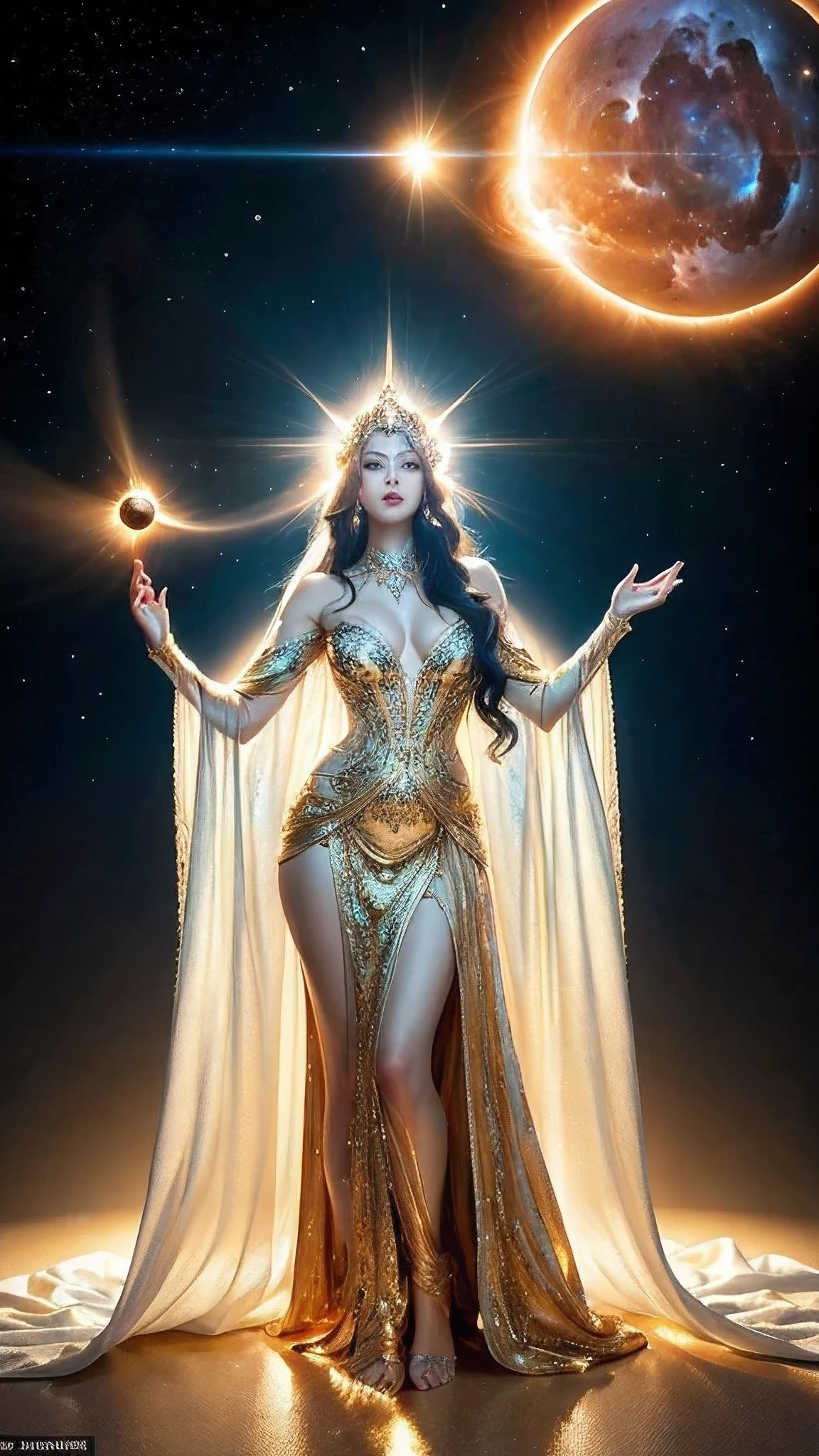 masterpiece, best quality, ultra detailed, realistic, alone, stunningly beautiful woman, aphrodite, full body shot, gorgeous intricately detailed dress, golden ornaments, white cloak, Greek Mythology, fantasy, legendary existence, mythical world, meditation, symmetrical, divine halo, magic circle, solar eclipse, Nebula