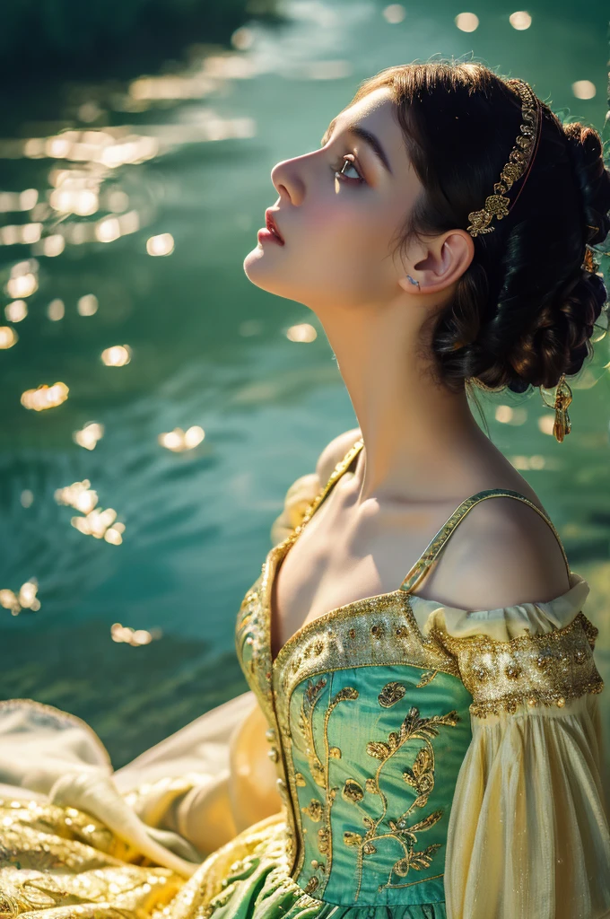 ( masterpiece, top quality, best quality,8k,17 years old girl,ultra detailed,raw photo:1.5),(photorealistic:1.4),(cinematic lighting), PerfectNwsjMajic, , Surrealism, UHD, ccurate, Super detail, textured skin, High detail, Best quality, dynamic angle, (high nose,White skin),[Beautiful blue eyes],(1girl),(good anatomy:0.5)), a woman in a dress, rococo queen, rococo fashion, rococo style portrait,rococo dress, rococo cyberpunk, No estilo de arte de Bowater, Senhora Vitoriana, Dreamy atmosphere,expressive brush strokes, mystical ambiance, Artistic interpretation, a whimsical illustration, Subtle colors and tones, sunny