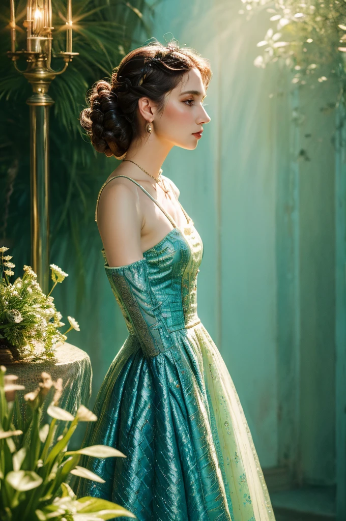 ( masterpiece, top quality, best quality,8k,17 years old girl,ultra detailed,raw photo:1.5),(photorealistic:1.4),(cinematic lighting), PerfectNwsjMajic, , Surrealism, UHD, ccurate, Super detail, textured skin, High detail, Best quality, dynamic angle, (high nose,White skin),[Beautiful blue eyes],(1girl),(good anatomy:0.5)), a woman in a dress, rococo queen, rococo fashion, rococo style portrait,rococo dress, rococo cyberpunk, No estilo de arte de Bowater, Senhora Vitoriana, Dreamy atmosphere,expressive brush strokes, mystical ambiance, Artistic interpretation, a whimsical illustration, Subtle colors and tones, sunny
