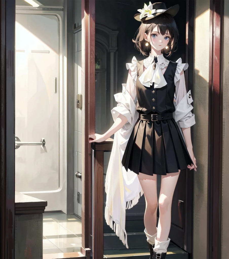 absurdres, RAW photo, extremely delicate and beautiful, masterpiece, Best Quality, ultra high resolution, 32k, hyperrealistic, ultra-detailed, detailed description, pale skin, 20 years old, detailed beautiful face and eyes, tearful mole, earring, Colossal tits, short medium hair, wavy hair, full body shot, alone, steampunk fashion, waistcoat, blouse, hat, boots, short skirt, bare shoulder,