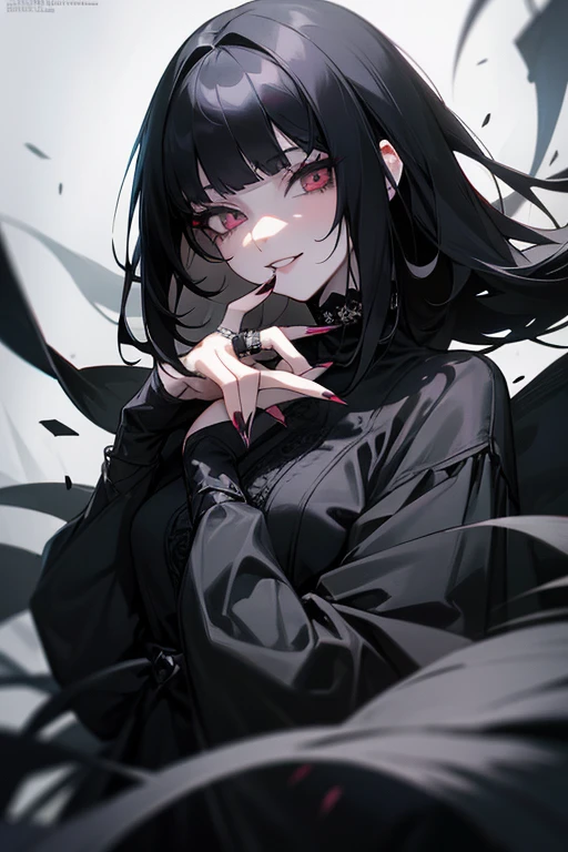 A very cute goth anime girl with black hair and bangs, wearing rings on her fingers, pale skin, sharp eyes, dark makeup, she has long acrylic nails that have been painted silver, intricate rings on fingers, wearing an all-black outfit, She exudes sophistication and cool. in the style of hyper realistic. fasion style, mysterious smile,