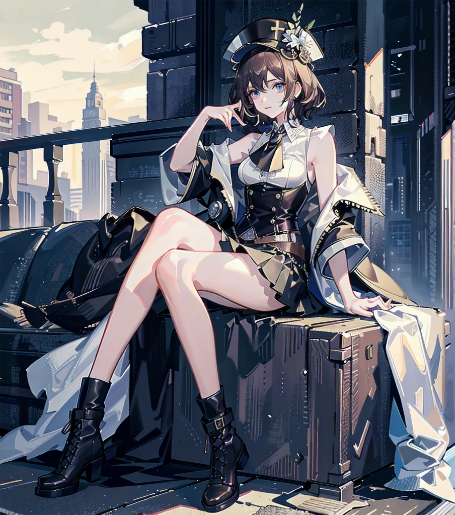 absurdres, RAW photo, extremely delicate and beautiful, masterpiece, Best Quality, ultra high resolution, 32k, hyperrealistic, ultra-detailed, detailed description, pale skin, 20 years old, detailed beautiful face and eyes, tearful mole, earring, Colossal tits, short medium hair, wavy hair, full body shot, alone, steampunk fashion, waistcoat, blouse, hat, boots, short skirt, bare shoulder,