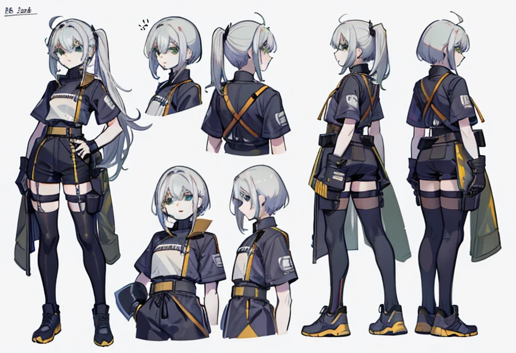 1个boy, boy, Reference table, role conception, Front Angle, Side Angle, Rear Angle, dynamic poses, (masterpiece:1.2), (Best quality:1.3), Matte clothing, Sporty style,minimalistic aesthetics, Casual Clothing,(Green Eyes),(Short hair details),(Long bangs),(White hair),(Pale skin),