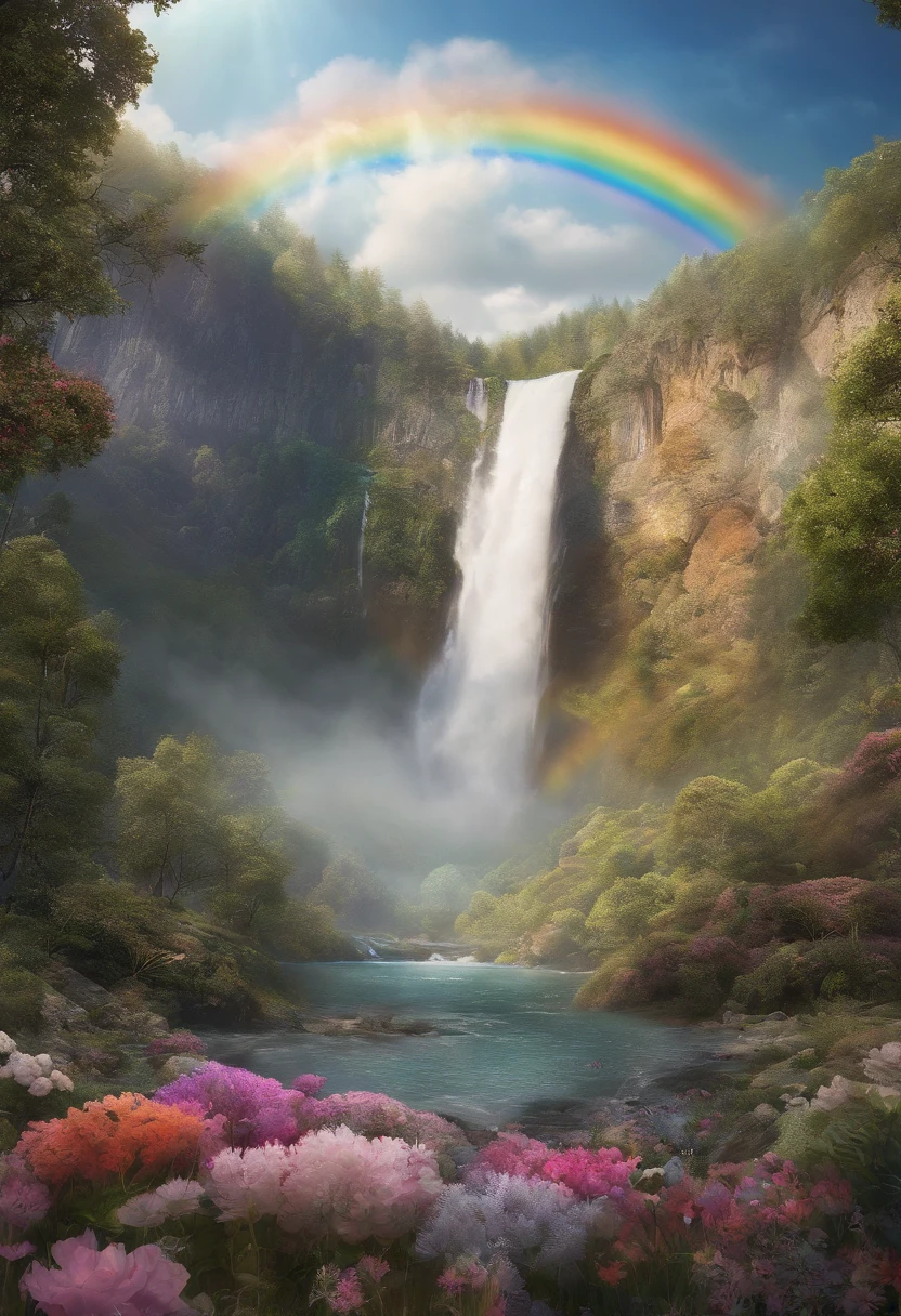 rainbow,waterfall,Flower Field,Golden Glitter,Otherworldly atmosphere,fantastic,The best view.